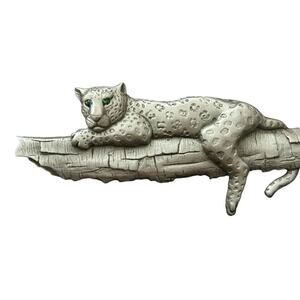 Vintage JJ 1988 Brooch Leopard on a Branch Pewter Green Eyes Signed Large Pin